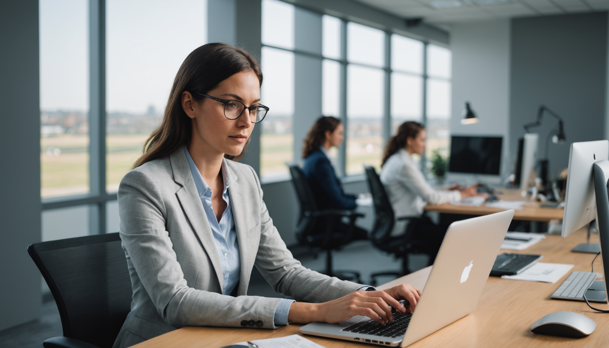 Person at clean desk using laptop with glowing AI chat interface open